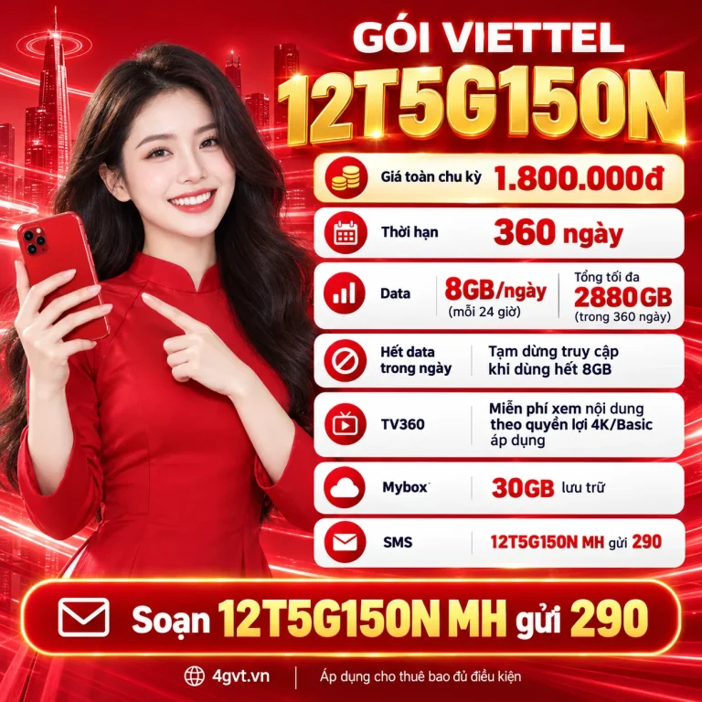Gói 12T5G150N Viettel – thông tin và cú pháp MH gửi 290