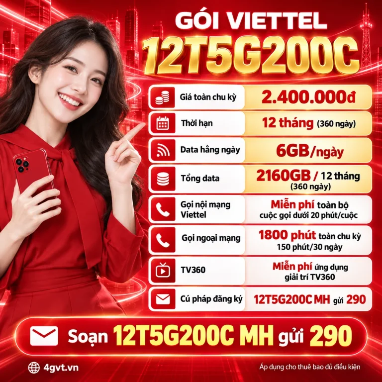 Gói 12T5G200C Viettel – thông tin và cú pháp MH gửi 290