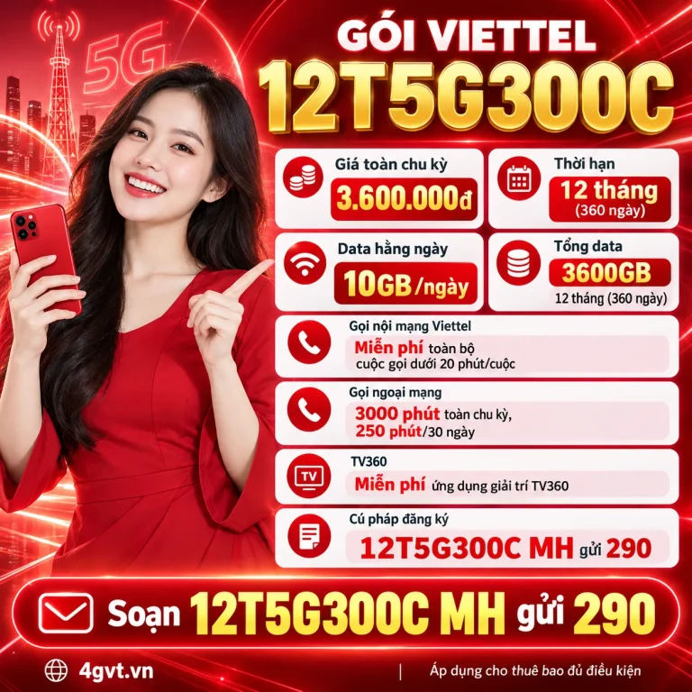 Gói 12T5G300C Viettel – thông tin và cú pháp MH gửi 290