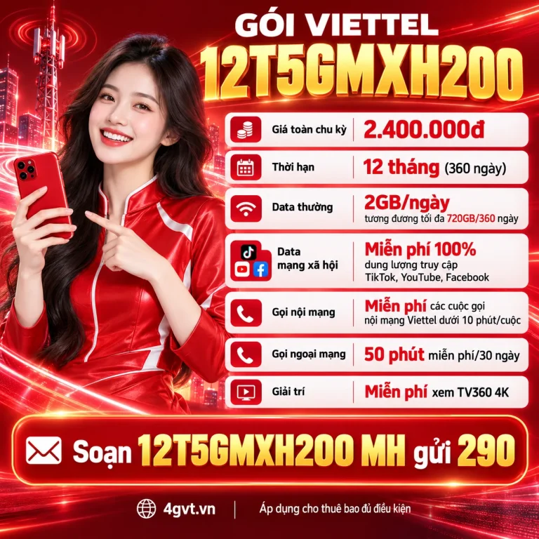 Gói 12T5GMXH200 Viettel – thông tin và cú pháp MH gửi 290