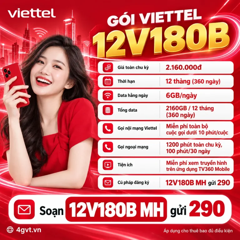 Gói 12V180B Viettel – thông tin và cú pháp MH gửi 290