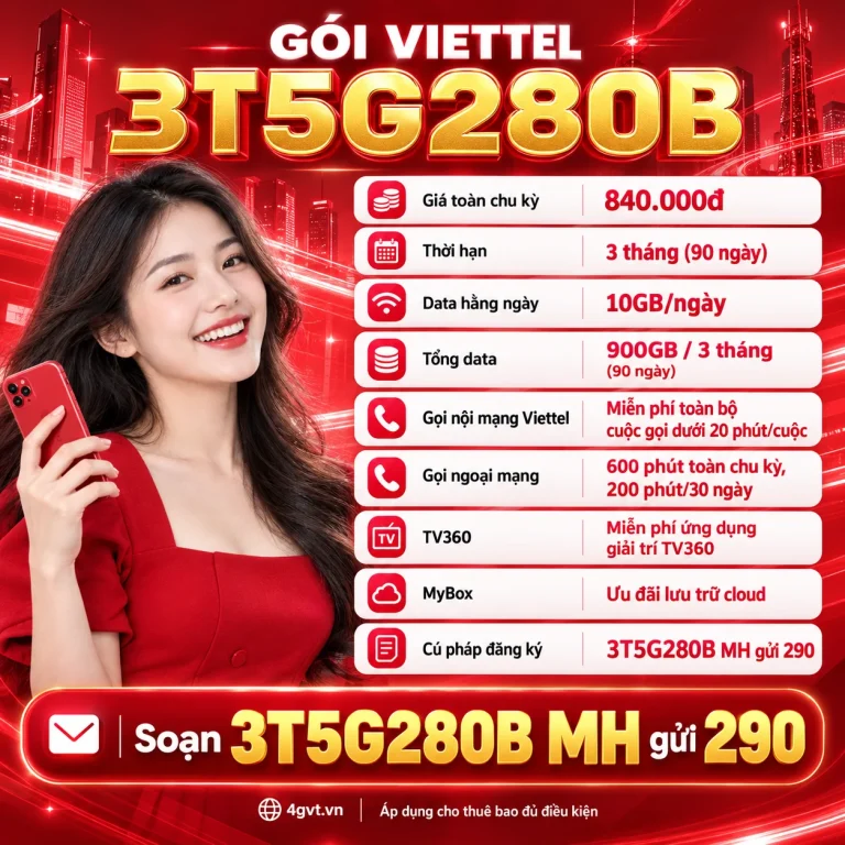 Gói 3T5G280B Viettel – thông tin và cú pháp MH gửi 290