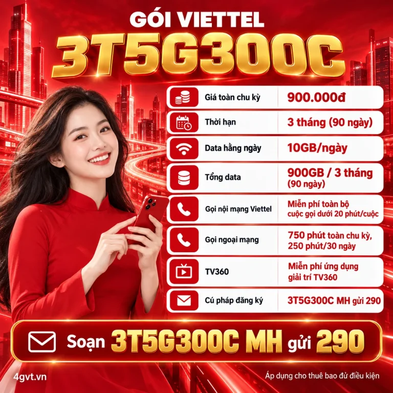 Gói 3T5G300C Viettel – thông tin và cú pháp MH gửi 290