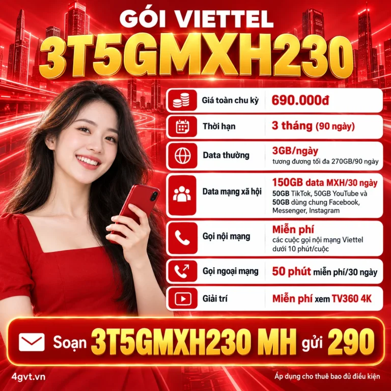 Gói 3T5GMXH230 Viettel – thông tin và cú pháp MH gửi 290