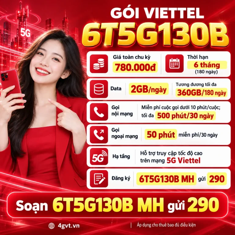 Gói 6T5G130B Viettel – thông tin và cú pháp MH gửi 290