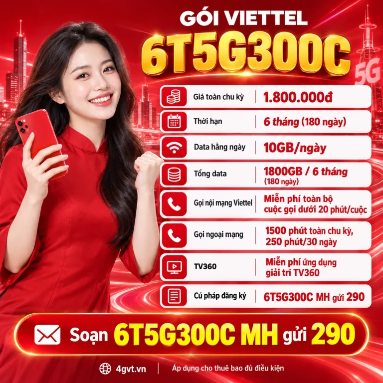 Gói 6T5G300C Viettel – thông tin và cú pháp MH gửi 290