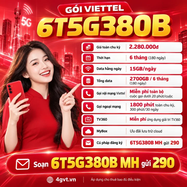 Gói 6T5G380B Viettel – thông tin và cú pháp MH gửi 290