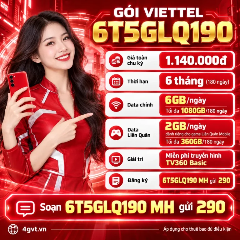 Gói 6T5GLQ190 Viettel – thông tin và cú pháp MH gửi 290